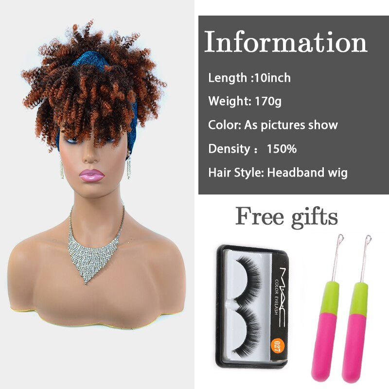 Korte Afro Kinky Krullend Tulband Wrap Pruiken Voor Zwarte Vrouwen Ombre Trekkoord Hoofdband Pruik 10 "Afro Bladerdeeg Haarband Pruik gember Blonde