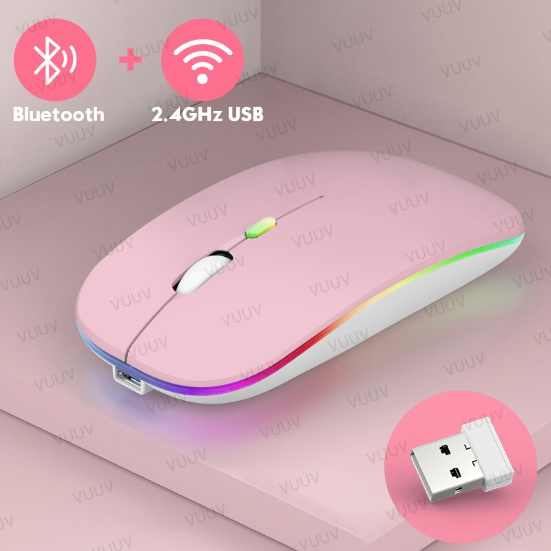 Bluetooth Wireless Mouse For Computer PC Laptop iPad Tablet MacBook With RGB Backlight Ergonomic Silent Rechargeable USB Mouse: Pink