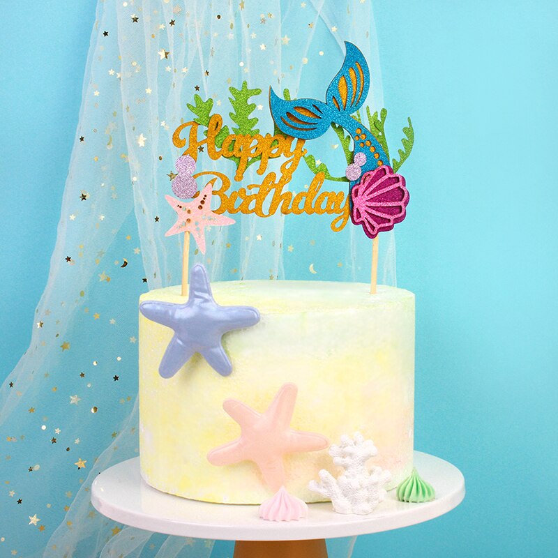 Mermaid Happy Birthday Cake Topper 1st Birthday Baby Shower Little Mermaid Cupcake Decor Happy Birthday Party Decor Kids Girl