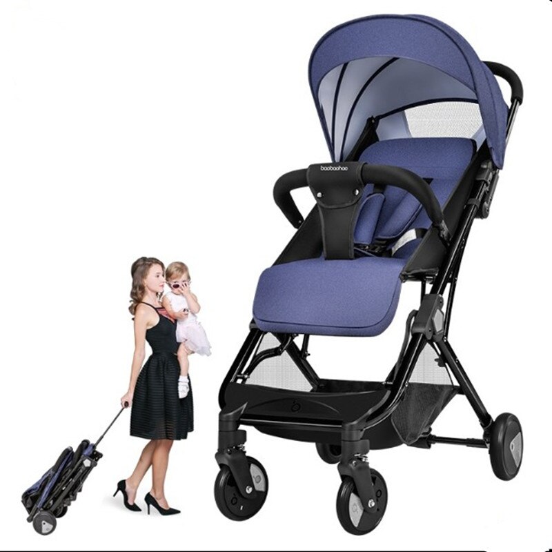 Carrito de bebé ultraligero, carrito de cuatro ruedas que se puede poner y doblar en un bebé portátil: Azul oscuro