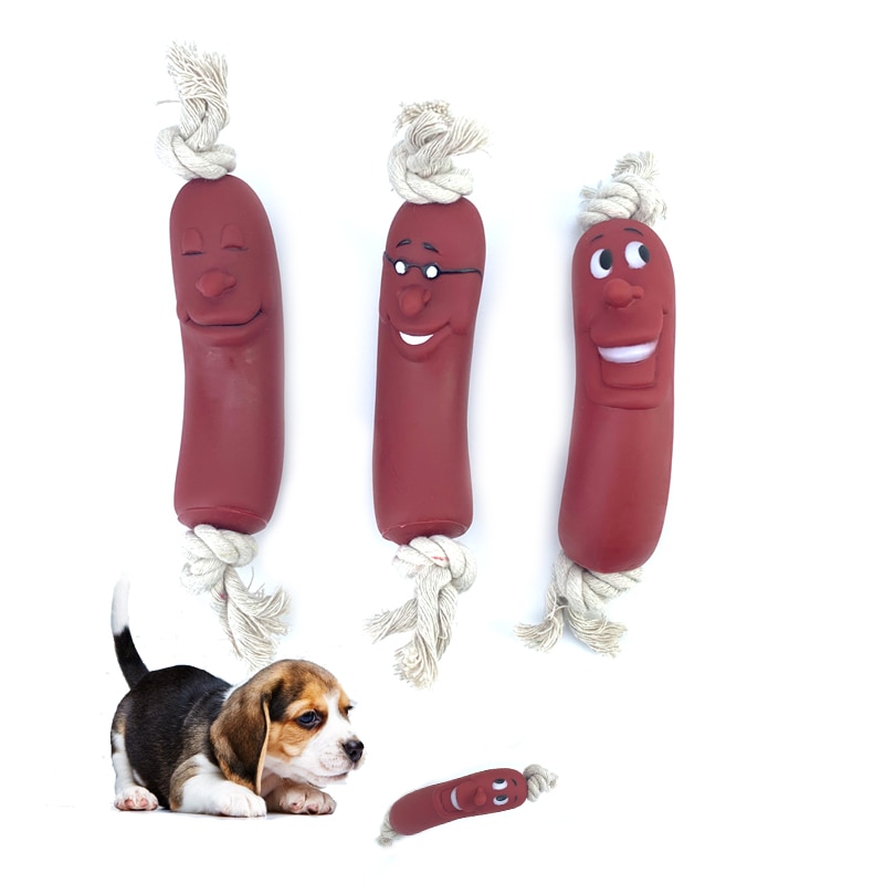 Expression Pet Dog Toy Red Sausage Cute Smiley face Healthy Latex Dogs Bite Cotton Rope Toy For Small Medium Puppy Pet Supplies