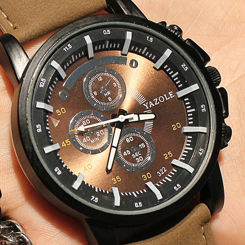 Yazole Horloges Mannen Sport Grote Horloges Decoratieve Dial Bruin Lederen Band Quartz Horloges Erkek Kol Saat Reloj Hombre