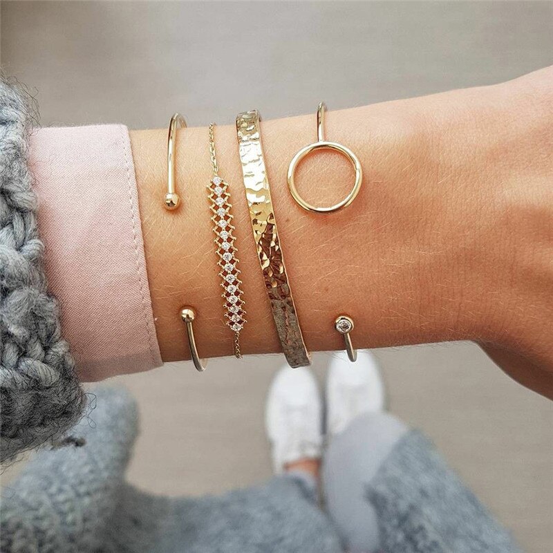 WUKALO Charm 4 stks/set Damesmode Kristal Cirkel Blad Ketting Gouden Kleur Gesimuleerde Parel Armband Set Party Bruiloft Sieraden: 83416