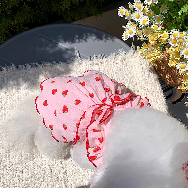 Vestido de verão para cachorro, saia fofa com estampa de morango e laço, vestido de princesa para gato, chihuahua yorkie, saias doces, fantasia de cachorro, roupas para animais de estimação
