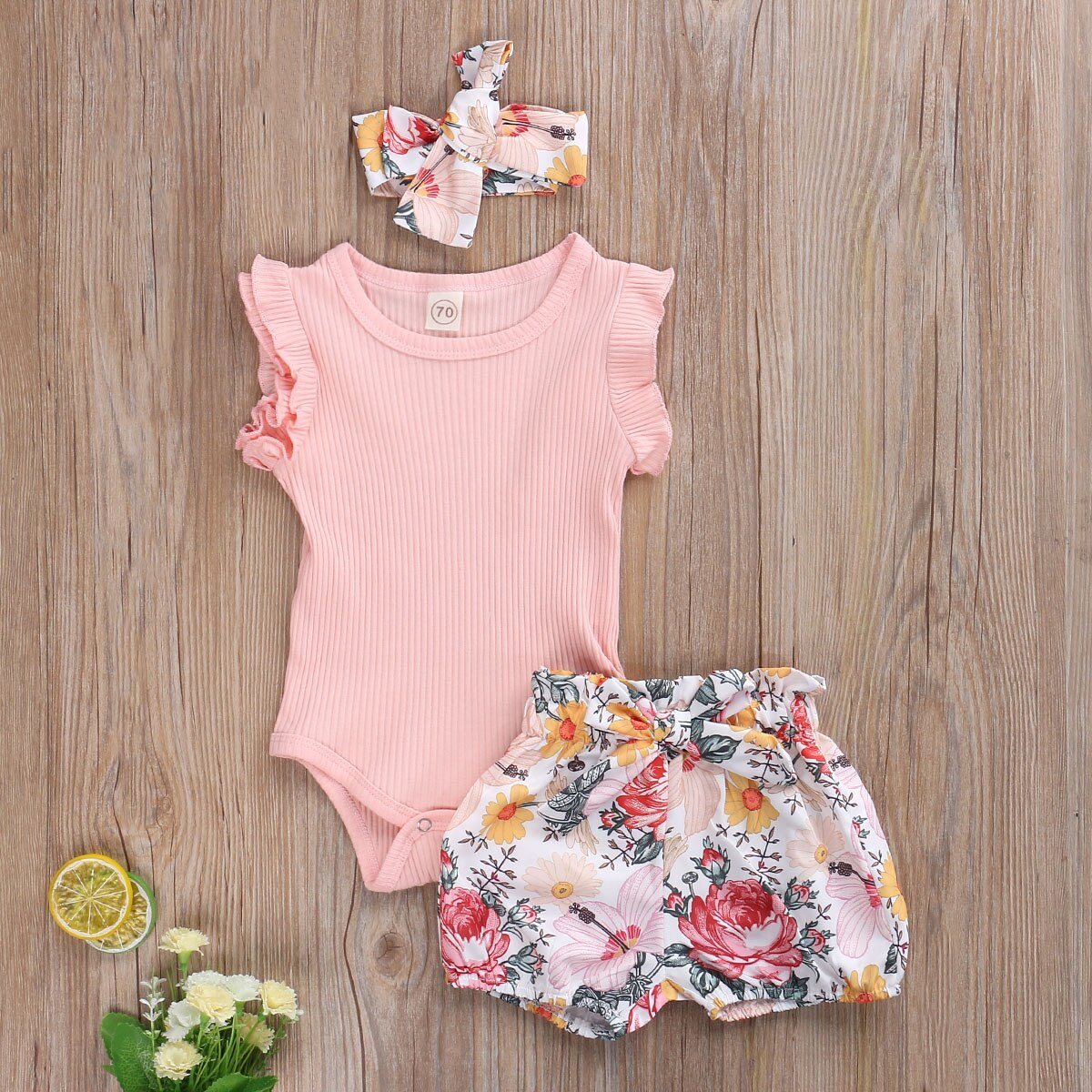 Mise au point 0-24M été filles garçons vêtements ensembles volants Shorts manches barboteuse Shorts floraux bandeau 3 pièces