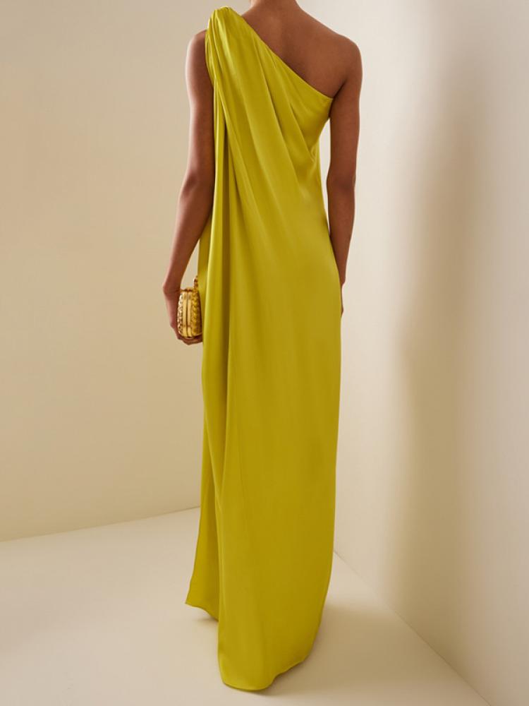 Freeacy – robe de soirée élégante pour femmes, coupe ample, jaune uni, asymétrique épaule dénudée, col licou, taille haute, ligne H, fendue sur le côté, Maxi