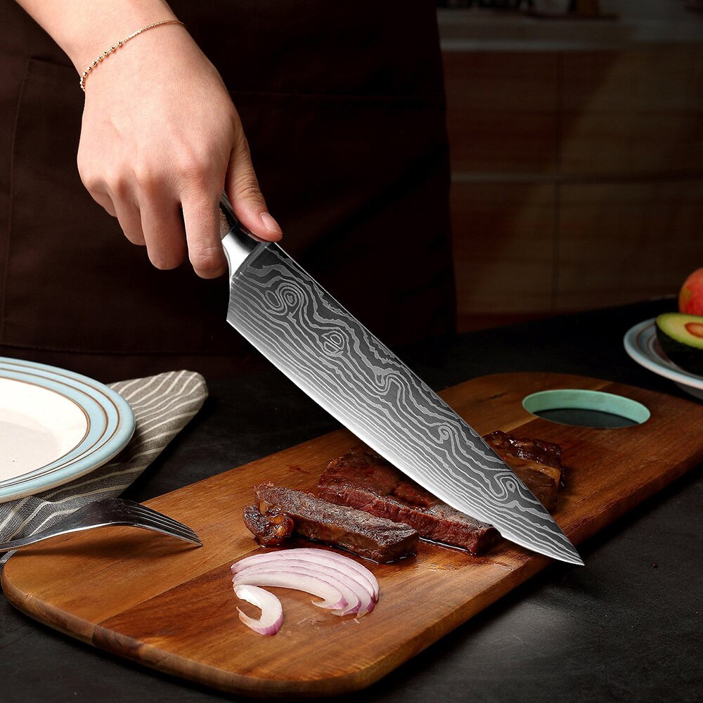 Xituo beste 2 stk kjøkkenkniver sett japansk damaskus stål mønster kokkekniv sett kløveskære santoku skjæreverktøy