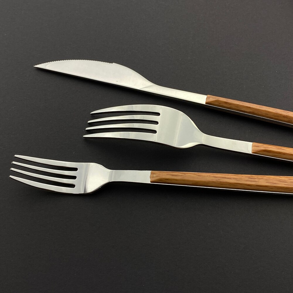 20Pcs Zilveren Houten Handvat Westerse Servies Set Roestvrij Stalen Bestek Set Mes Vork Lepel Theelepel Diner Servies Set