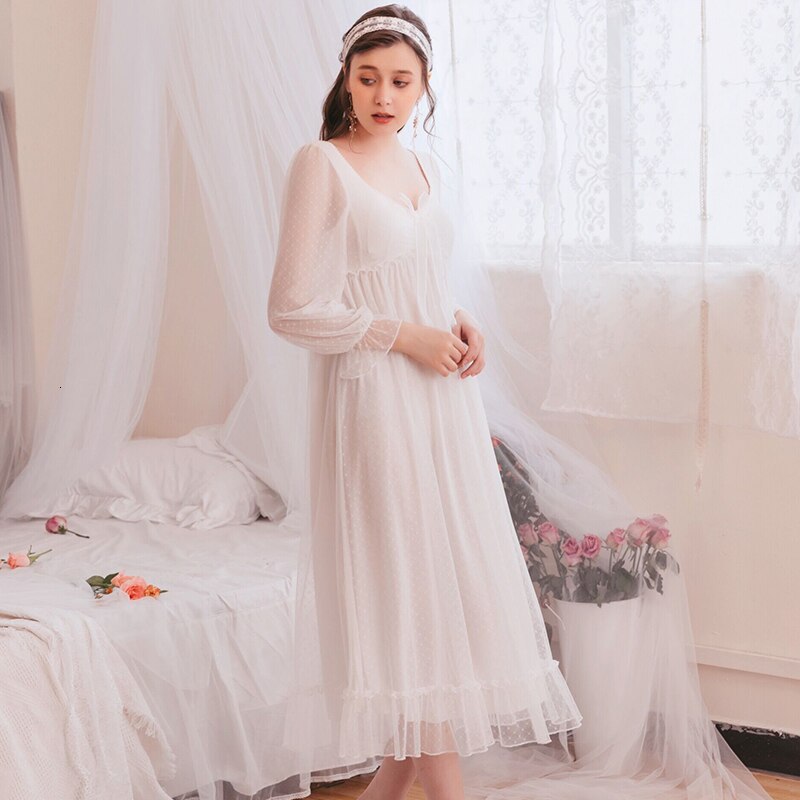Romantic Nightgown Woman Autumn Lace Long Dress Sleepwear Woman Long Sleeve Nightgowns Night Gown