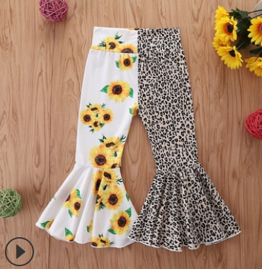 2-6Years Zuigeling Kleur Blok Flared Broek Baby Meisjes Mid-Rise Zonnebloem & Luipaard Print Broek