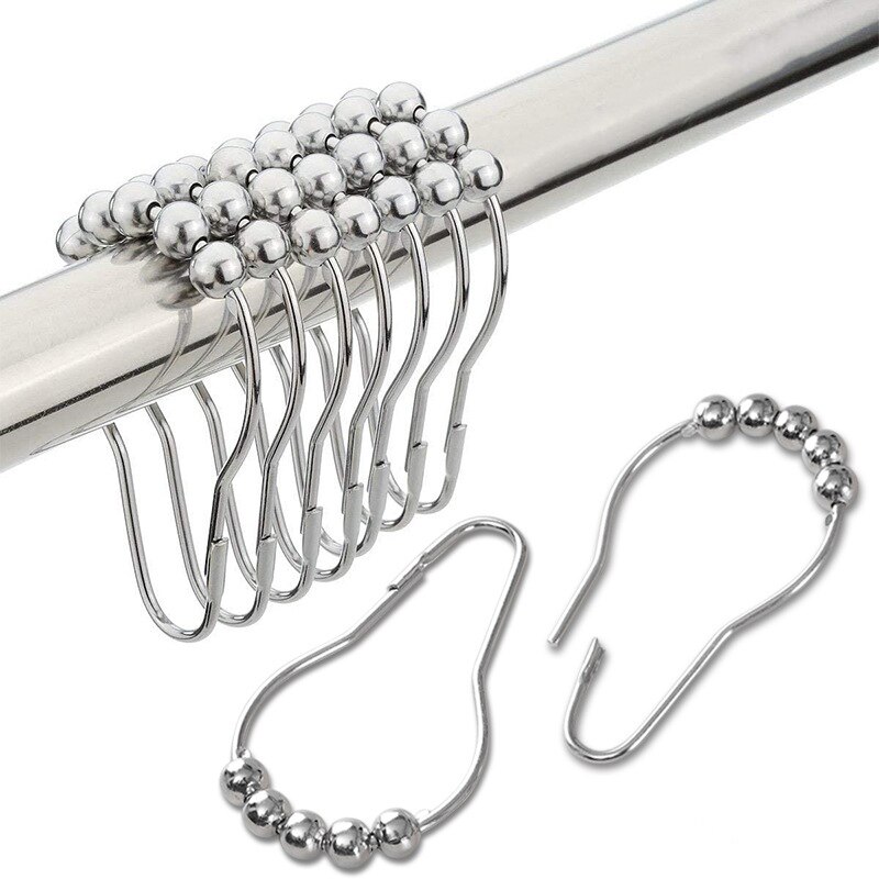 12 stk/pakke rustfri stål gardin kroge badegardin rollerball bruseforhæng ringe kroge 5 ruller poleret satin nikkel kugle: Krom