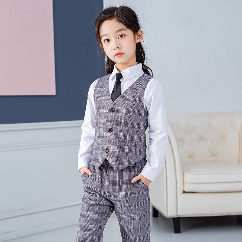 Blazer pequeño a cuadros para niñas, traje de boda, ropa escolar para actuaciones, combina con todo, gris, 5 piezas, LB258