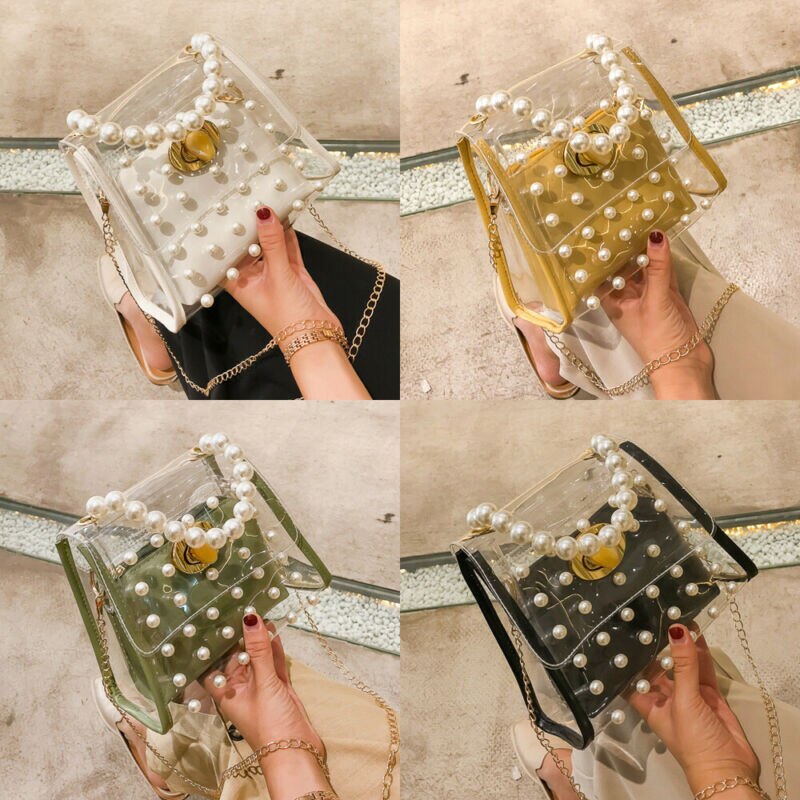 Mulheres PVC Transparente Claro Pérola Geléia Sacola Saco Do Mensageiro Bolsa Ocasional