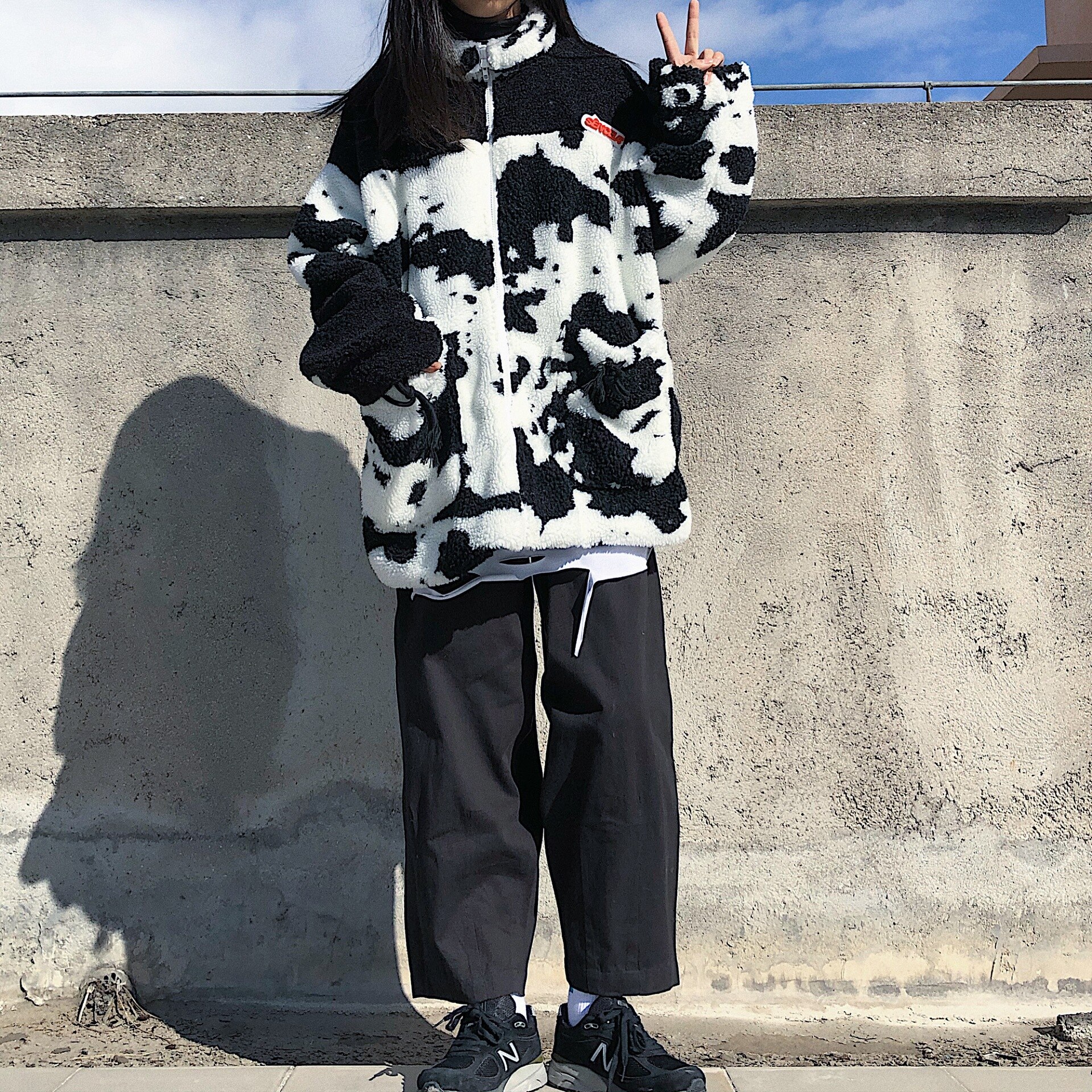 Cow Pattern Winter Padded Coat Patchwork Parka Hip Hop Jacket for Women Fleece Warm Outwear Windbreaker Streetwear Harajuku