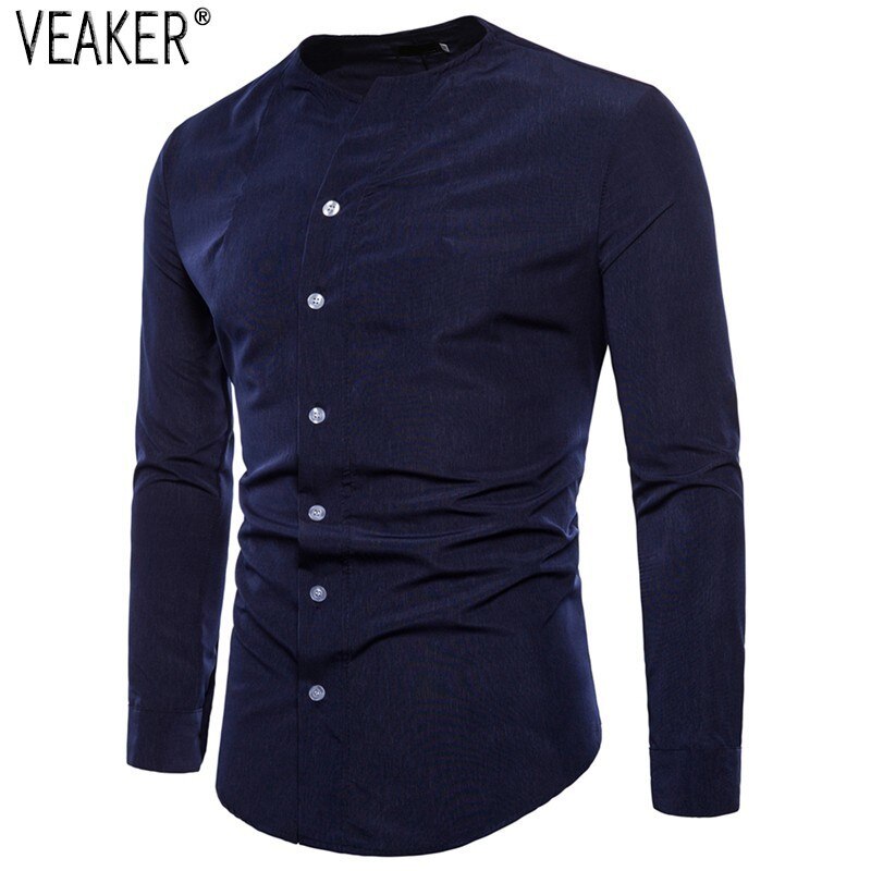 Herrskjortor med rund hals för män manlig höst casual långärmade skjortor slim fit enfärgad svart vit skjorta toppar m -2xl