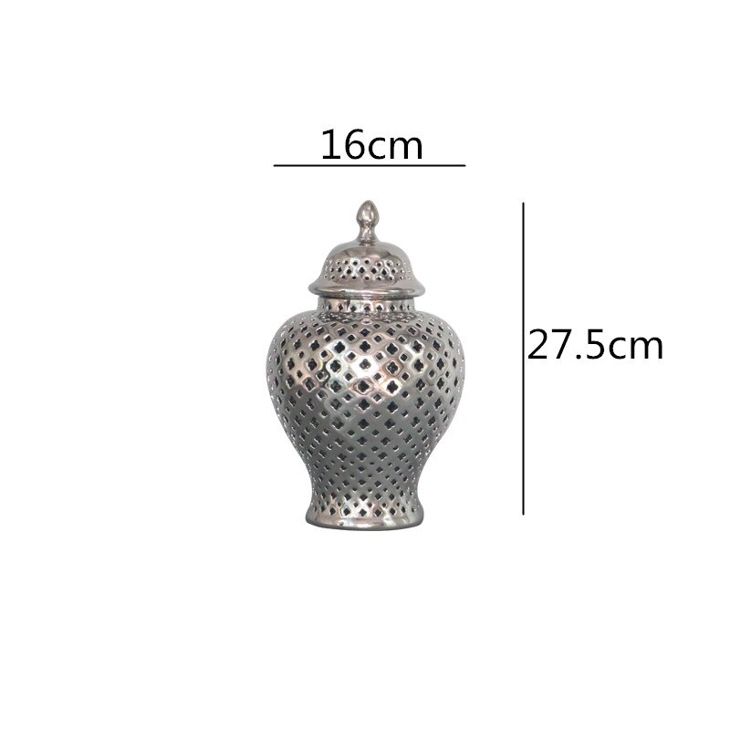 White Ceramic Ginger Jar Hollow Storage Jars with Lid Retro Universal Tank Ceramic Vase Handicraft Storage Ornaments Home Decor: Silver-S