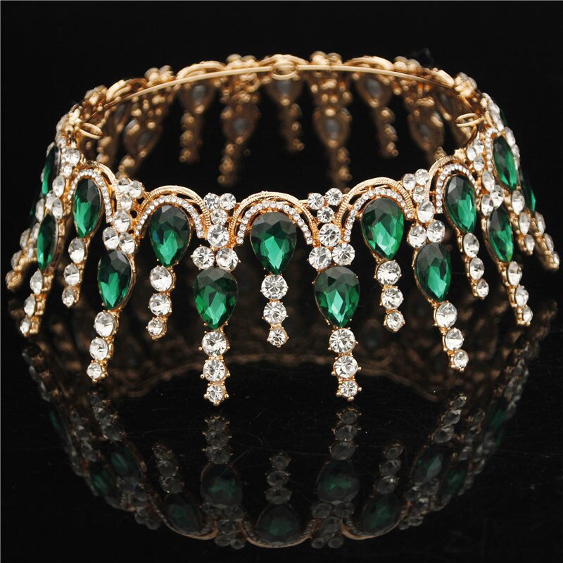 Wedding Tiara Crown - Round Rhinestone Bridal Headpiece - Gold & Silver Plated Zinc Alloy: Gold Green