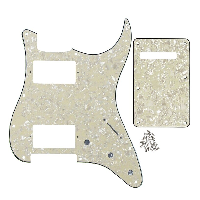 FLEOR Set of 11 Hole HH Electric Guitar Pickguard Scratch Plate & Back Plate & Screws for USA Strat Style Guitar Parts: Aged Pearl 4ply