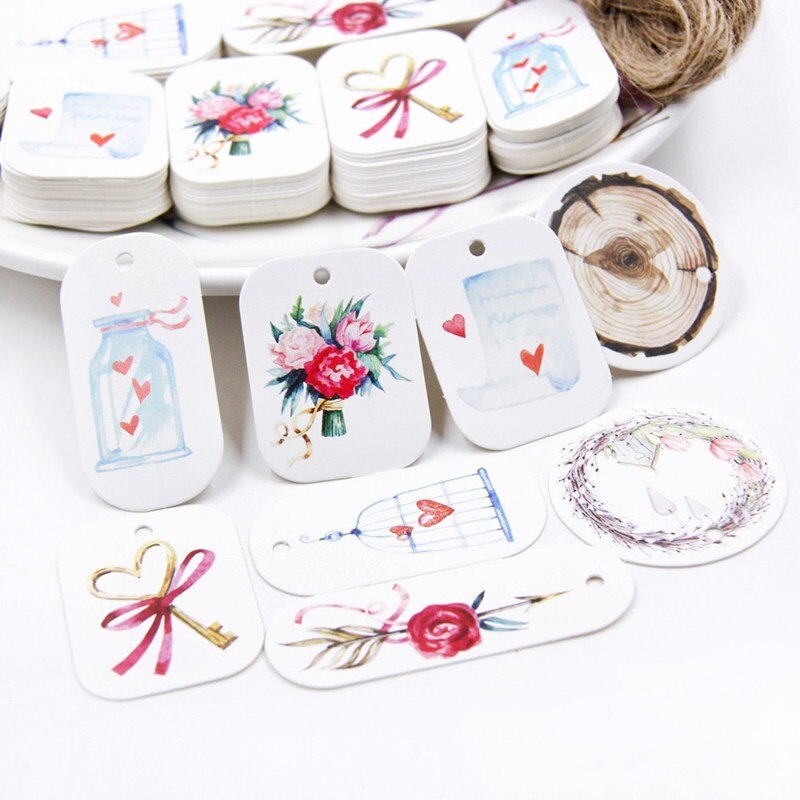 50 st vackra blommor papper taggar med hamp rep valentines bröllop äktenskap etiketter paket diy fest dekoration hängande tagg