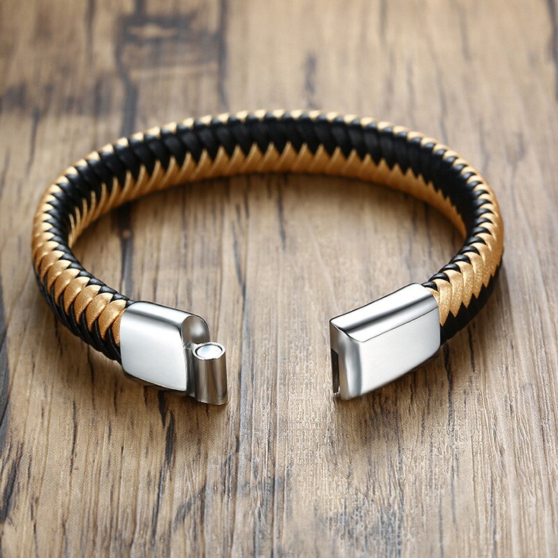 ZORCVENS 12mm Braided Leather Men's Bracelet Magnet Clasp Casual Male Woven Wrap Retro Bangle Stainless Steel Gents Wristband