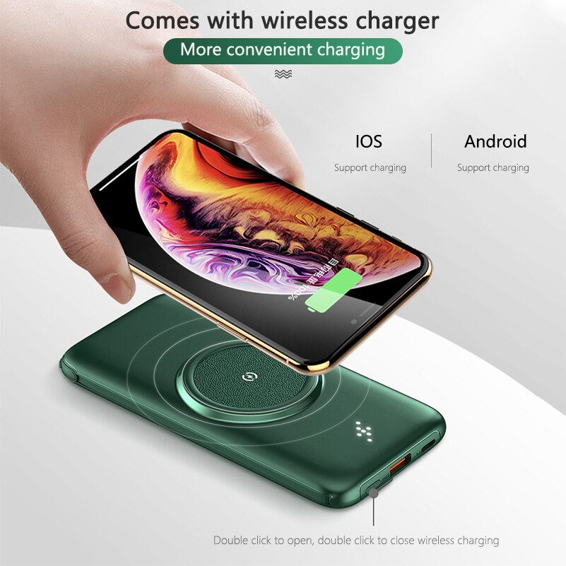 20000mAh Qi Wireless Charger Power Bank For Xiaomi iPhone Samsung Powerbank Built-in Cables External Battery Wireless Power Bank