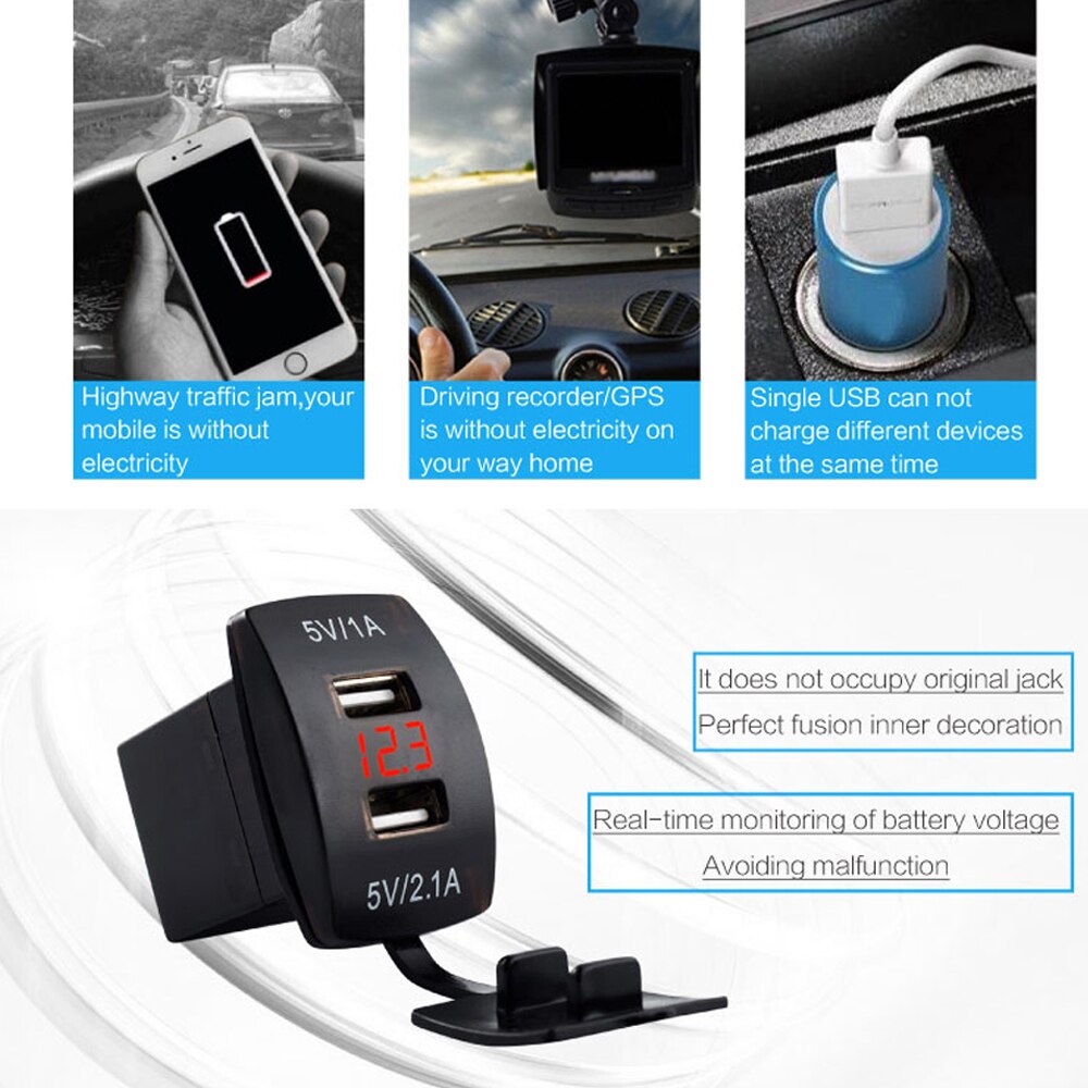 Waterproof 12V-24V Dual USB Plug Car Motorcycle Cigarette Lighter Socket Car Charger LED Digital Voltmeter Meter Electronic