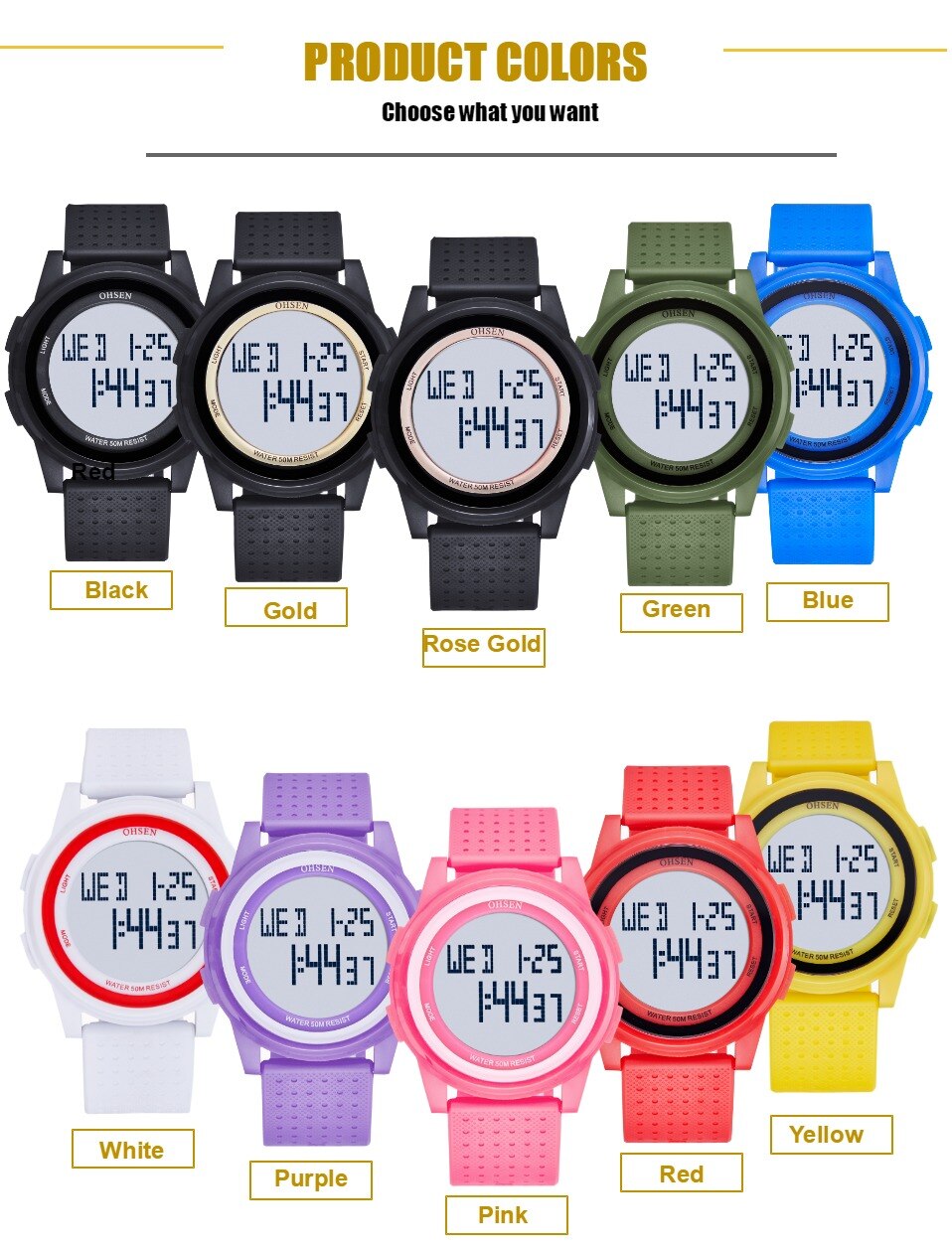 OHSEN Digitale Frauen Sport Uhren Wasserdichte Gelbe LED freundlicher Uhr Multi funktion Junge Mädchen Armbanduhr montre femme