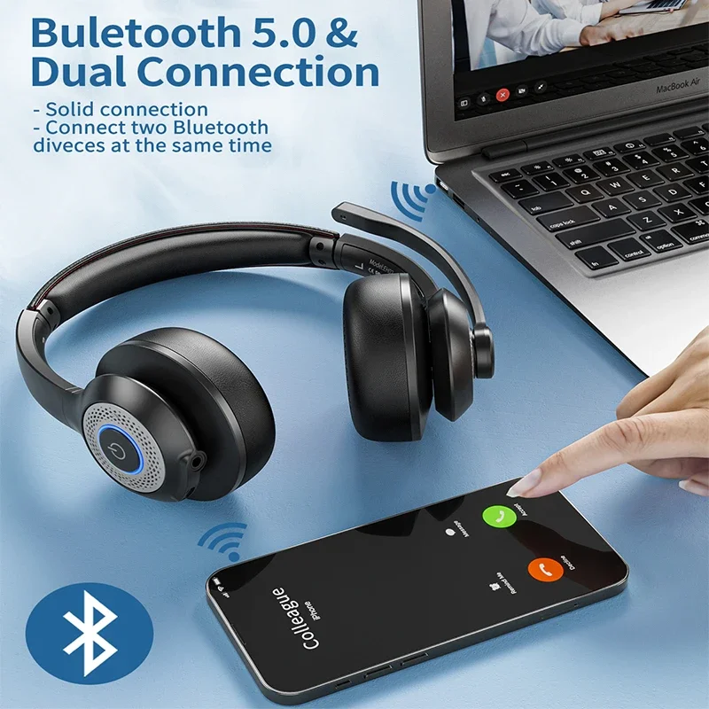 JIAMQISHI Wireless Headset with Mic for Work Bluetooth V5.2 Headphones with AI Noise Cancelling Mic USB Dongle for Laptop,PC