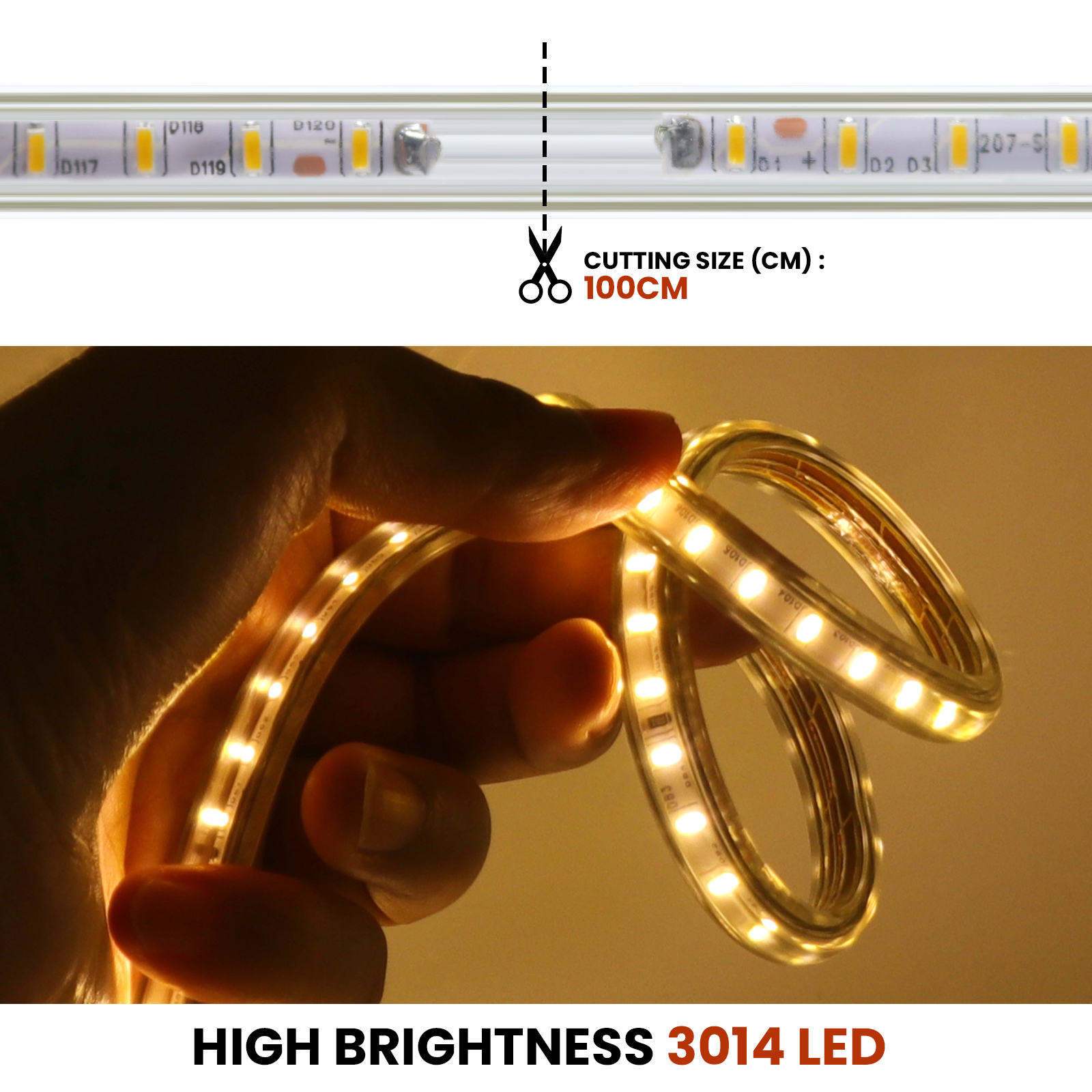 Tira de luces led de 220V, 3014 SMD, 120led/m, cinta de luz flexible impermeable, Blanco cálido, 1m, 5m, 10m, 20m, 25m, 50m, 100m, enchufe de alimentación