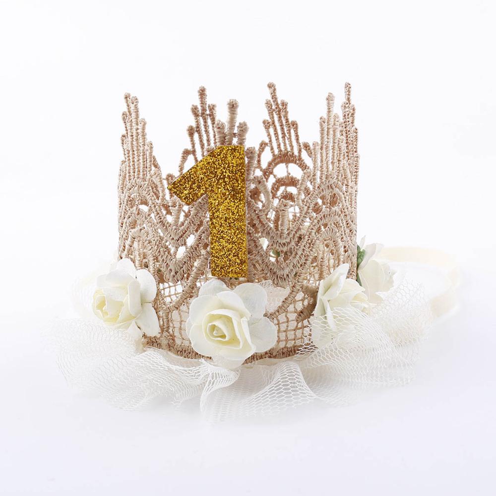 Pink Princess Headband Baby Girls 1st Birthday Party Hat Flower Crown Party Hairband Hair Accessories For Kids Photography Props: Beige