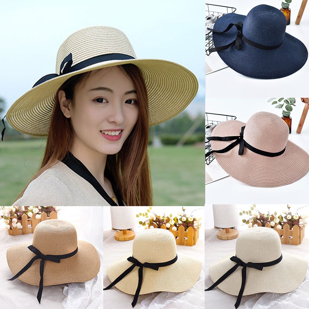 Summer Straw Hat Women Wide Brim Beach Sun Hats Ladies Floppy Beach Sun Foldable Cap Summer Wide Brim Straw Hat