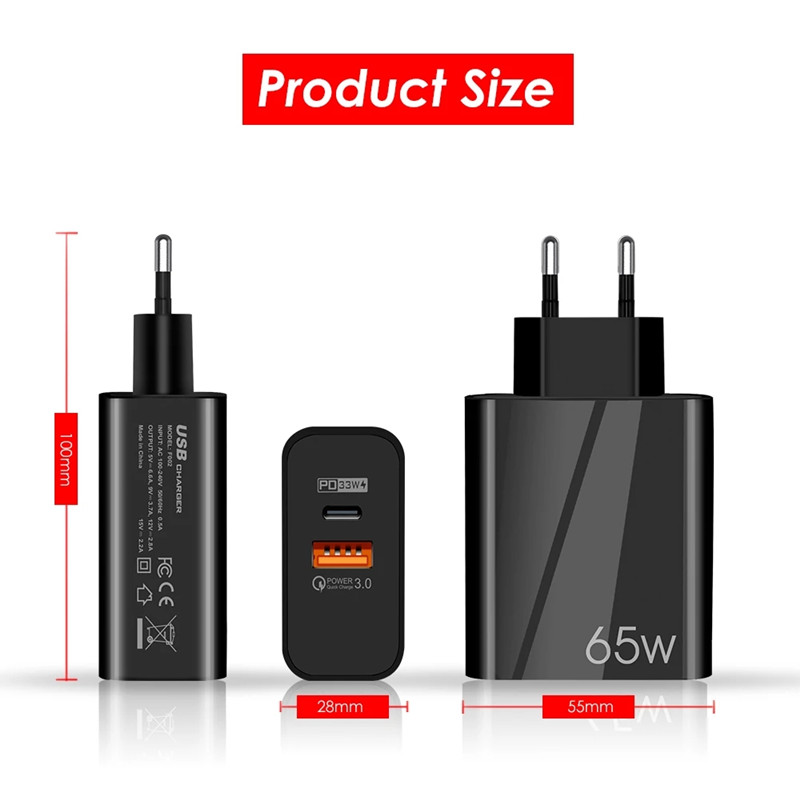 2 in 1 65W GaN Charger Quick Charge 4.0 3.0 Type C PD USB Charger with QC 4.0 3.0 Portable Fast Charger For iPhone 12 13 Samsung