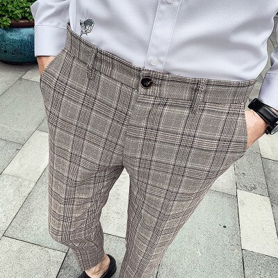 Hoge lente heren geruite casual broek slanke trendy geruite kleine broek koreaanse stijl kleine voeten lange broek: Beige / 36