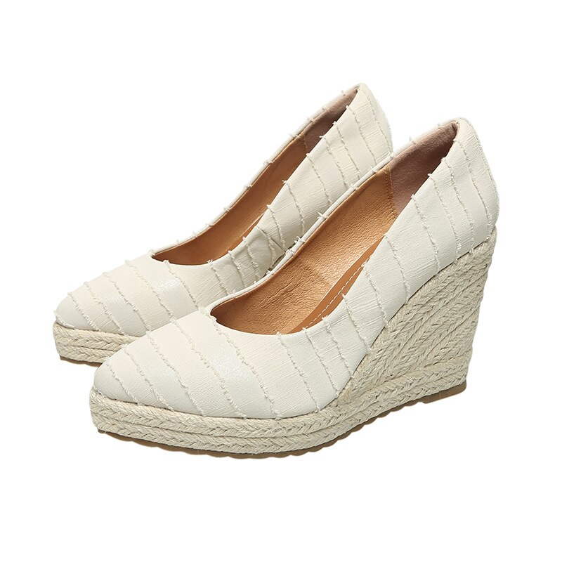 Espadryle damskie sandały na koturnie 2021 wiosenny i jesienny nowy płytkie usta wysokie buty na grubym obcasie platformy damskie słomiane tkane: beige 10cm / 34