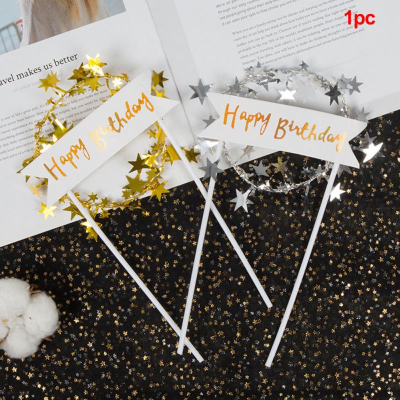 Cake Topper Happy Birthday LED Lighting Top For Kids Romantic Stars Garland Flag Wedding Decorations Baby Shower Banner Party