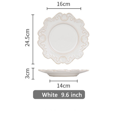 European retro ceramic plates tableware dinner plates ceramic embossed pattern porcelain dessert plate cake plate: White 9.6 inch