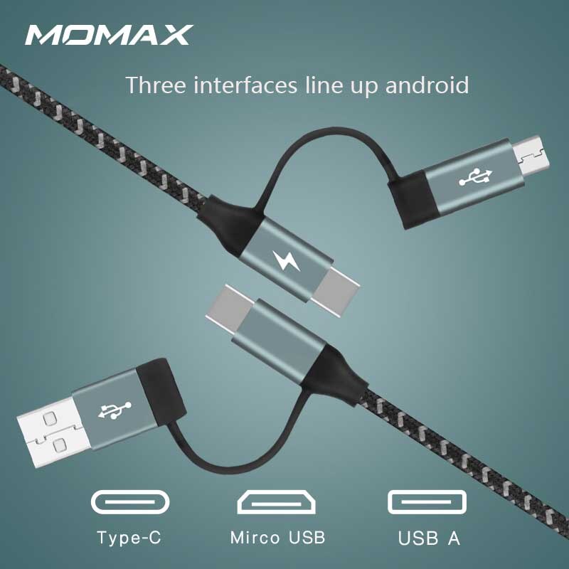 MOMAX geweven 4-in-1 data kabel USB C naar USB A naar micro-1.2m Drie soorten interface 3A echt snel lading Volledig compatibel met