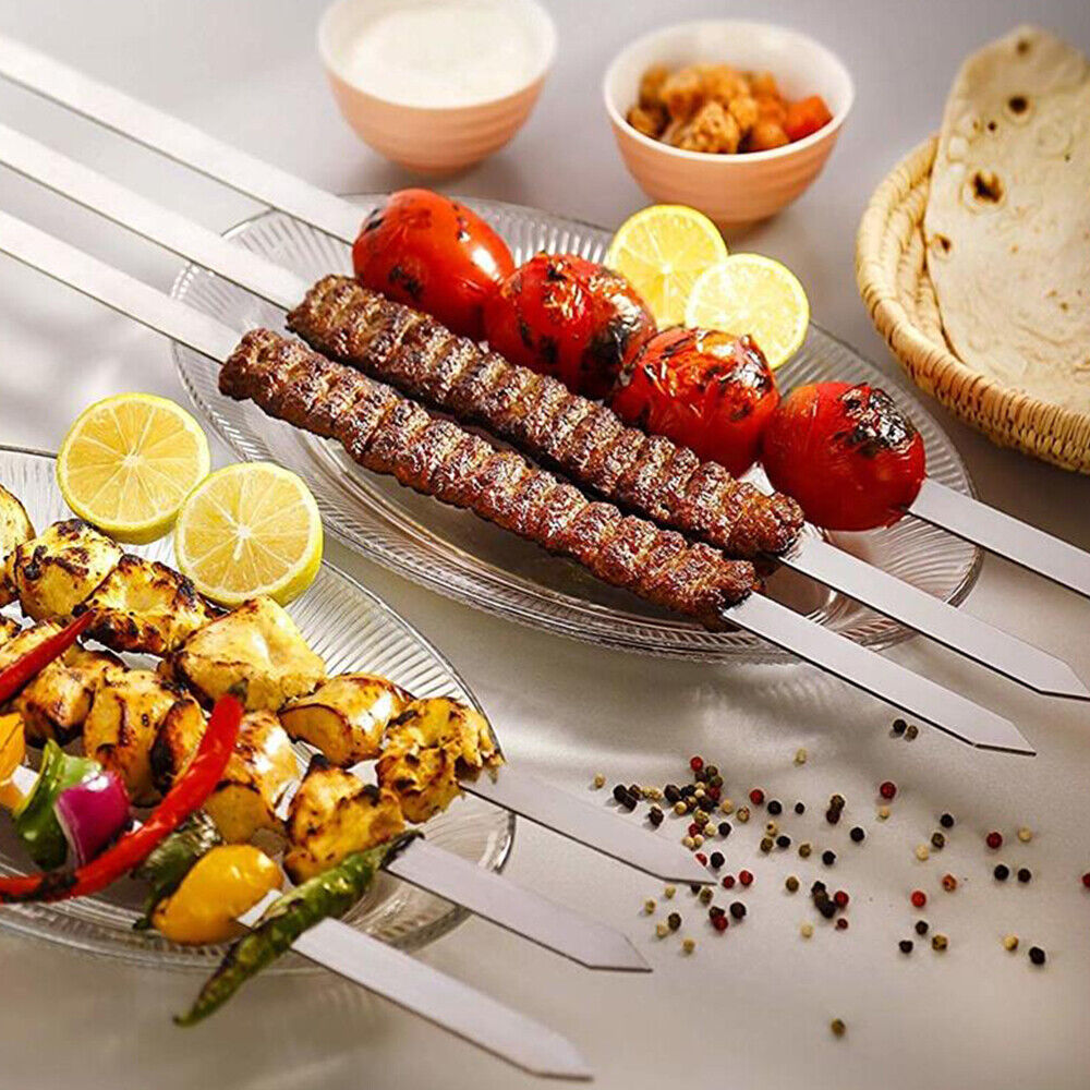 50 cm breite, flache Edelstahl-Grillspieße mit Holzgriff, Schasch, Kebab, türkische persische grillen, Koubideh, iranisch, brasilianisch, europäisch
