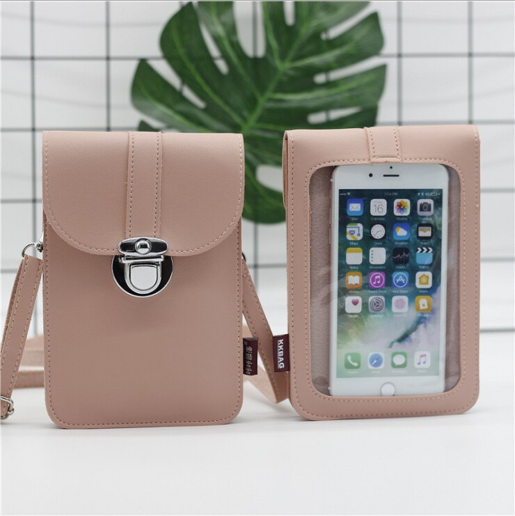 Subin Lederen Mobiele Telefoon Zak Touchscreen Schouder Pocket Portemonnee Pouch Case Neck Strap Met Back Hyaline Membraan: Pink