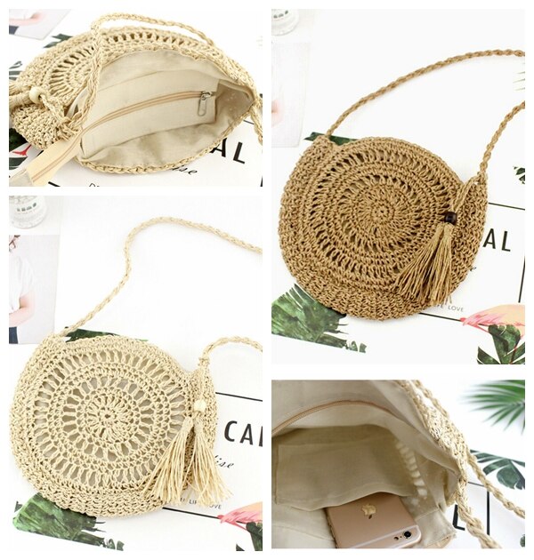 Strozak Rotan Geweven Ronde Kwastje Messenger Handtas Schoudertas Tote Purse Rits Zak Ronde Pluizige Geweven Tote Handtas