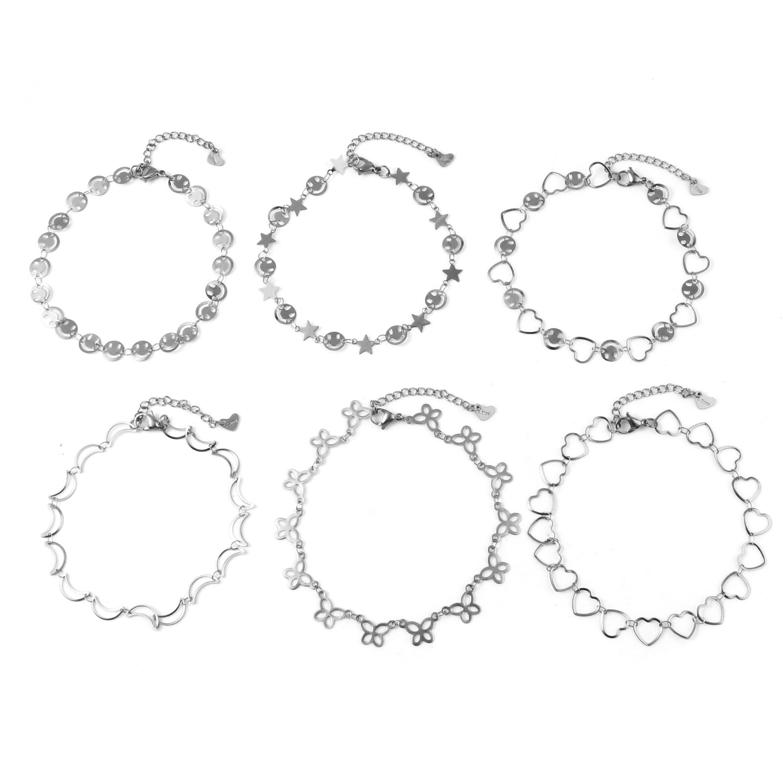 1 Pc Rvs Enkelbandje Zilveren Kleur Hart Star Moon Connector Mode Armband Enkelbandje Voet Sieraden Voor Vrouwen 23Cm lange