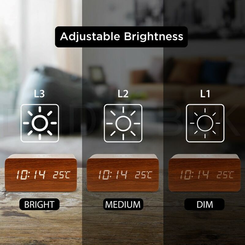 Moderne Thuis Houten Hout Digitale Led Desk Wekker Thermometer Qi Draadloze Oplader Voor Iphone