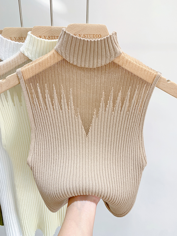 Mesh Knitted Top Women Y2K Tank Top Half Neck Vest Female Sleeveless Sweater Chic Cut Out Streetwear Solid Skinny Tube Top: Khaki