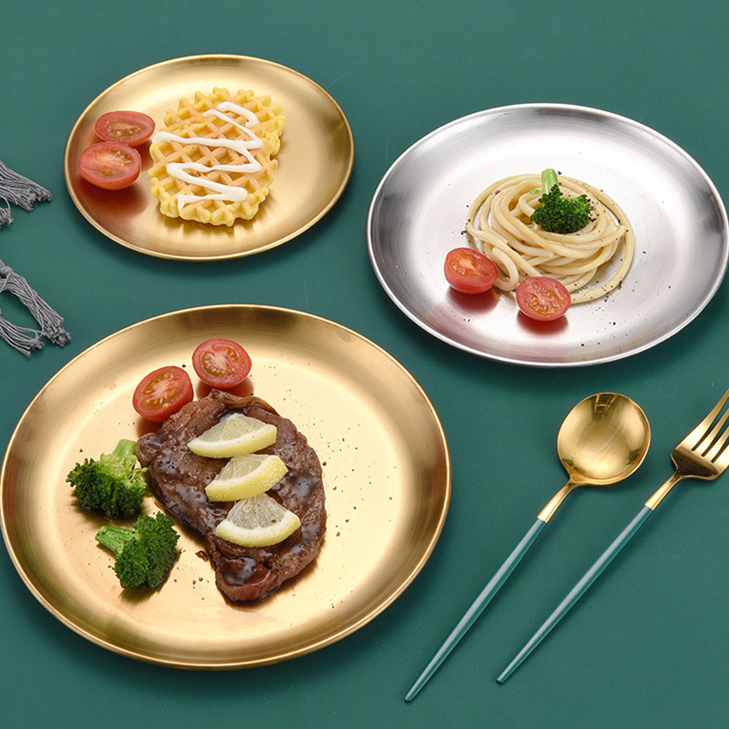 Stainless Steel Dinner Plates Golden Tray Western Food Plate Barbecue Plate Cake Dessert Fruit Disc Buffet Plate