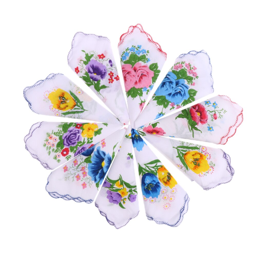 10pcs 100% Women Cotton White Handkerchiefs Ladies Hankies Square Handkerchiefs Assorted Colourful Flowers for Weddings Parties