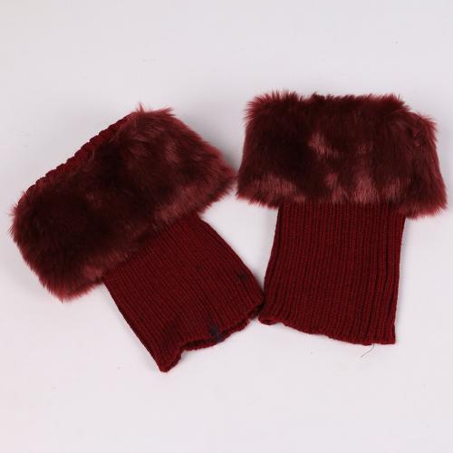 Winter Women Solid Color Faux Fur Cuff Crochet Knit Boots Sock Short Leg Warmers: Wine Red
