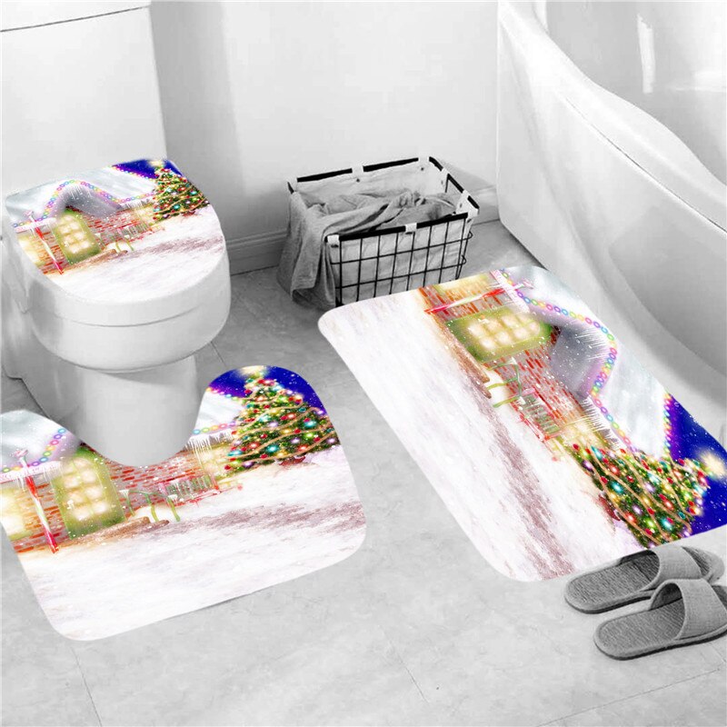 Merry Christmas Shower Curtain Set with Rugs Waterproof Curtain Bathing Screen Anti-slip Toilet Lid Cover Rugs Bathroom Decor: 3 PCS Mats - E