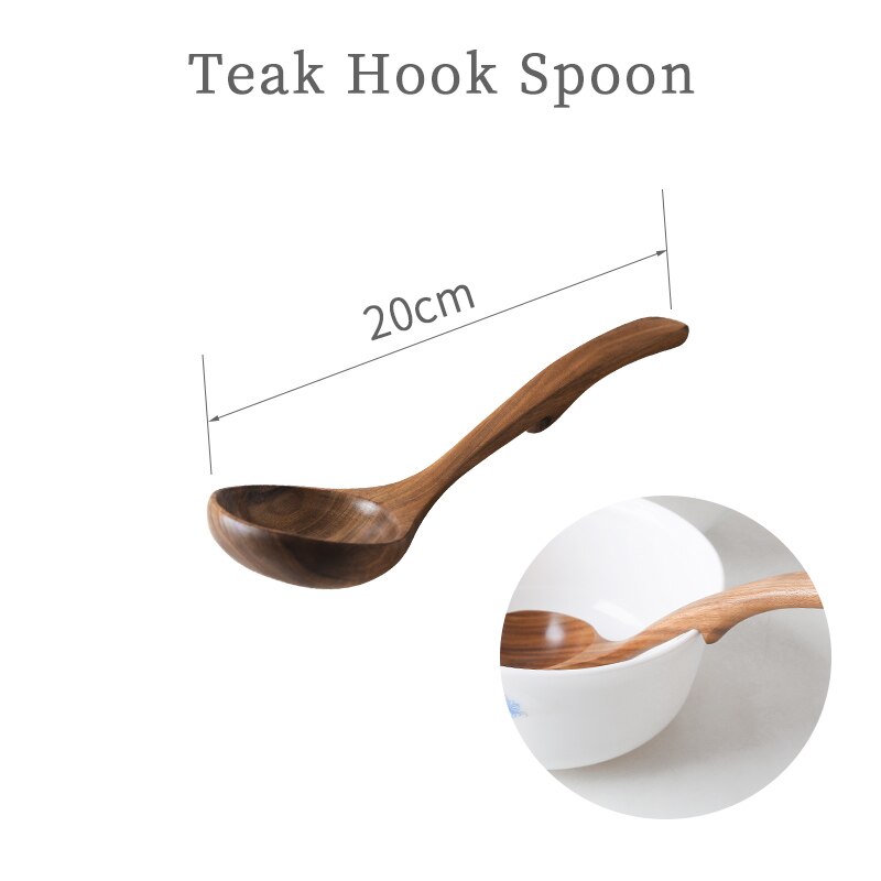 Teak Wood Long Spoon Hook Tablespoon Kitchen Wooden Soup Spoon: S 20cm