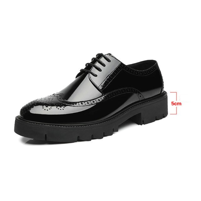Manligt lack klassisk brogue tjock botten öka skor bröllop kontor företag formella män klänning skor  a53-84: Svart 5 cm / 37