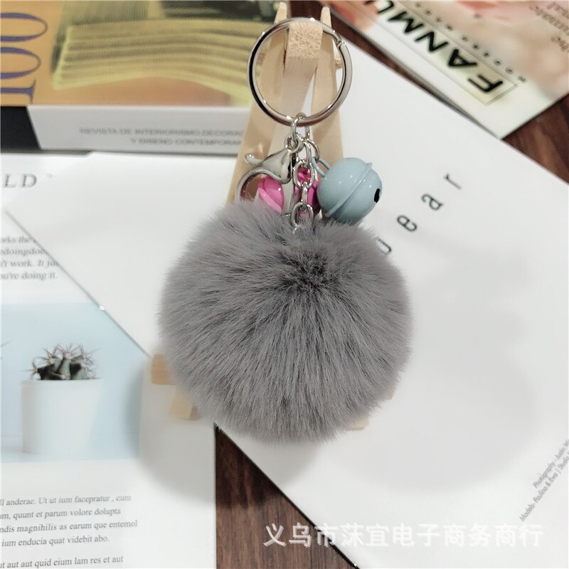 -love 8cm faux rex kanin pom-pom nøglering tiy kontrast farve klokke par taske tilbehør sydkorea små smykker tilbehør: Lysegrå
